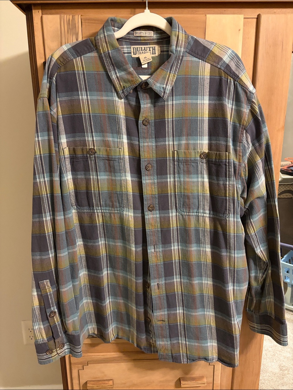 Duluth Trading Co Plaid Button-Down Shirt in Blue and Green